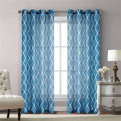 Blue Moroccan Print Sheer Curtains For Bedroom Faux Linen