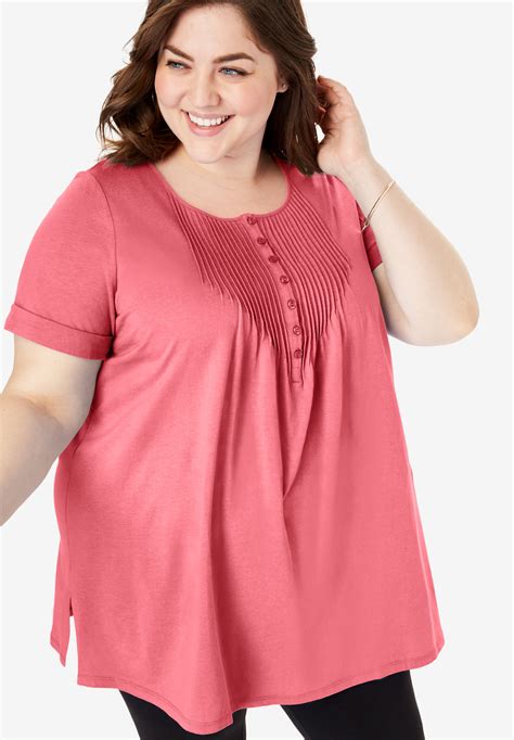 Pintucked Henley Tunic Plus Size Tops Woman Within