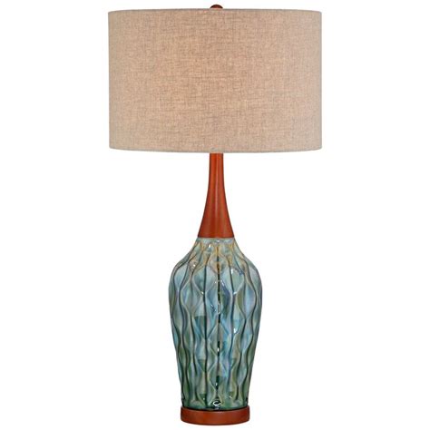 360 Lighting Mid Century Modern Table Lamp Ceramic Blue Teal Glaze Wood