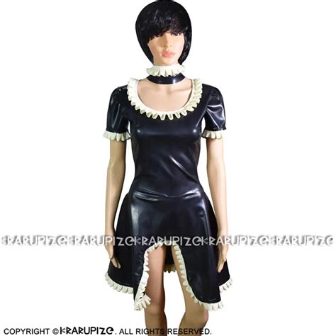 sexy french maid latex dress with ruffles zipper at back rubber uniform bodycon playsuit lyq