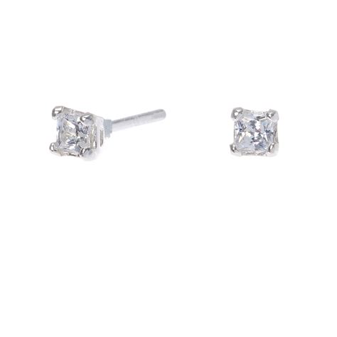 Sterling Silver Cubic Zirconia 3mm Square Stud Earrings Claires Us