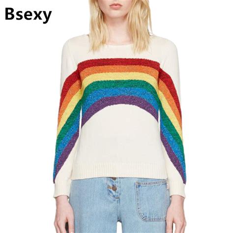 Buy Women Rainbow Striped Sweaters 2017 Autumn Winter