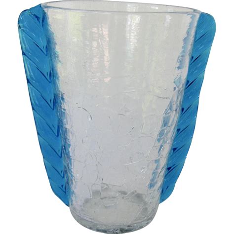 Mid Century Modern Blenko Crackle Glass Vase with Blue ...