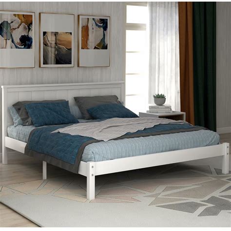 Full Size Platform Bed White Wood Bed Frame With Headboard Mattress