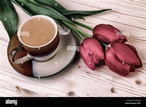Cup Of Coffee With Tulipsvintage Still Life Stock Photo Alamy