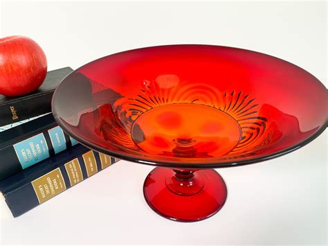 Vintage Red Amberina Glass Comport Pedestal Bowl Round Ombre Mid Century Retro Home Kitchen
