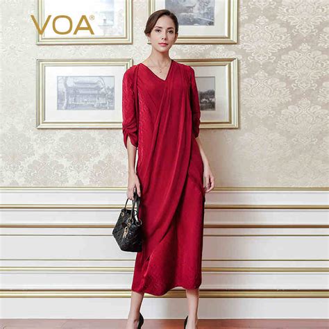 voa plus size silk jacquard vintage red sexy v neck party dress solid slim irregular women maxi