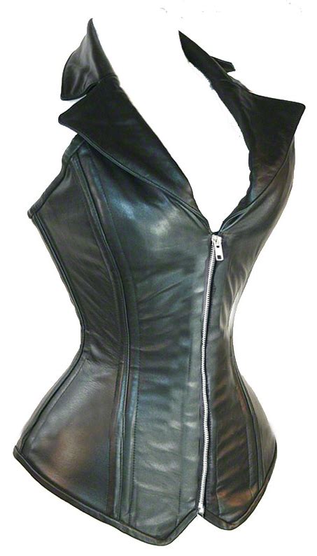 Black Leather Halter Style Corset With Zipper Front Lace Up Back