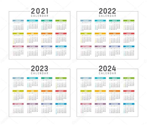Anni 2021 2022 2023 2024 Calendari Colorati Impostati Isolati Bianco