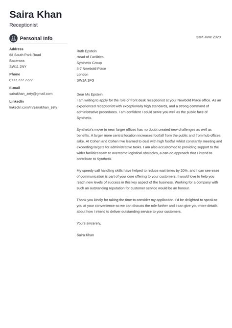 Receptionist Cover Letter Example And Writing Guide