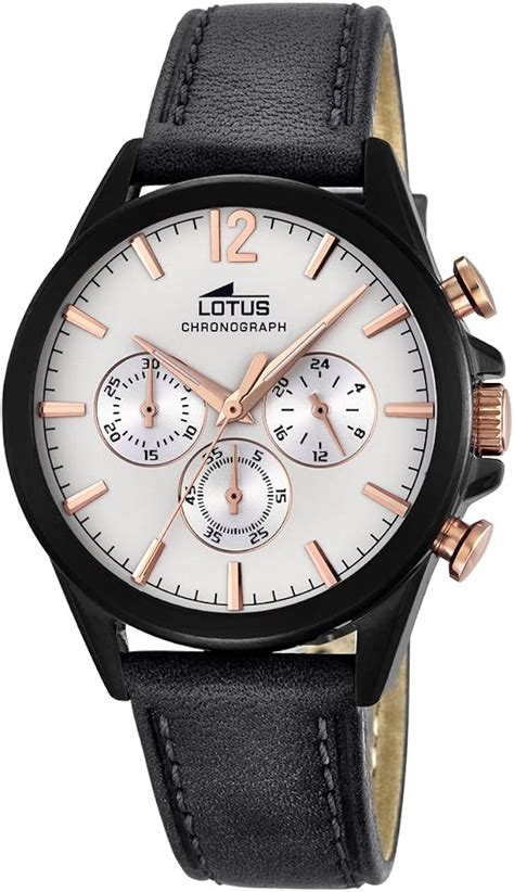 Lotus Mens Quartz Watch With White Dial Chronograph Display And Black