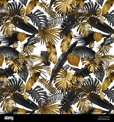 Seamless Pattern With Tropical Leaves In Gold Color And Black Can Be
