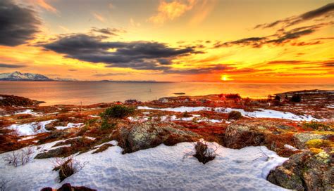 Norway Sunset Sea Pebo Snow Beach Landscape Wallpaper 2445x1405