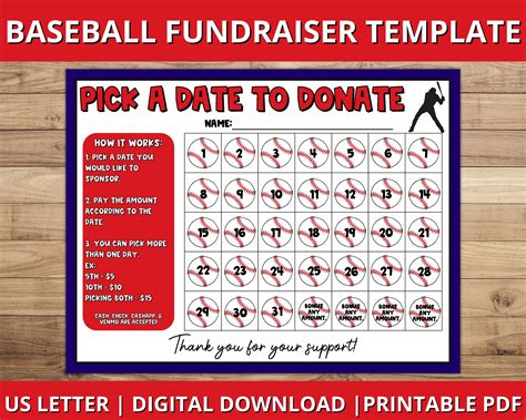 Baseball Calendar Fundraiser Pick A Date To Donate Printable Baseball