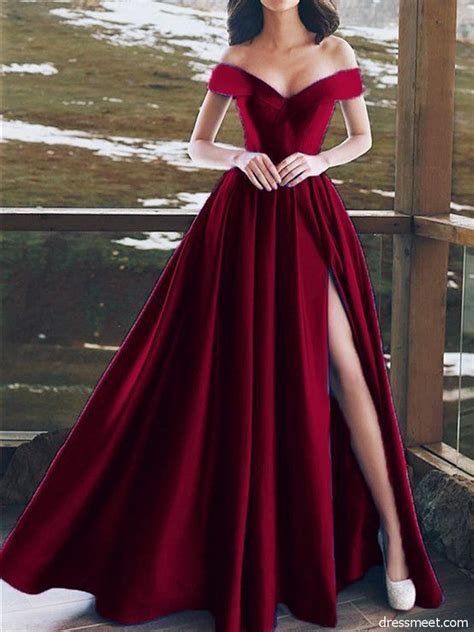 And the little red dress is fast replacing the little black dress. Charming A Line Off the Shoulder High Slit Dark Red Long ...