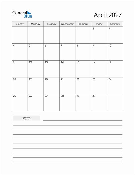 April 2027 Monthly Planner Calendar