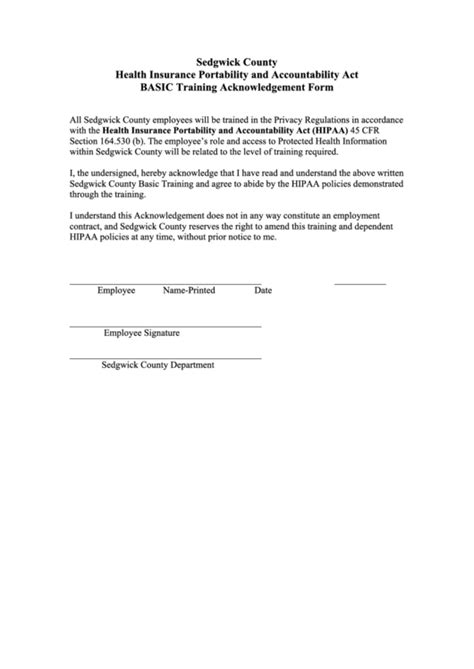 Hipaa Basic Training Acknowledgement Form Printable Pdf Download