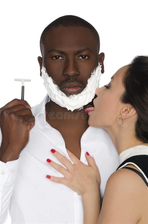 Asian Licking Foam From His Dark Men With Razo Stock Image Image Of