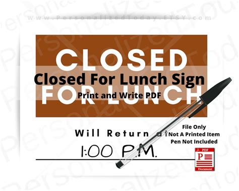 Closed For Lunch Signs Print And Write And Time Fillable Pdf Etsy
