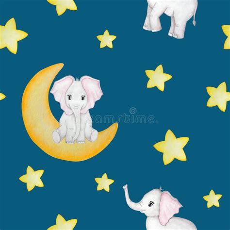 Watercolor Seamless Pattern With Stars Elephant And Moon Stock