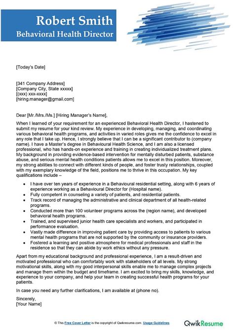 Behavioral Health Director Cover Letter Examples Qwikresume