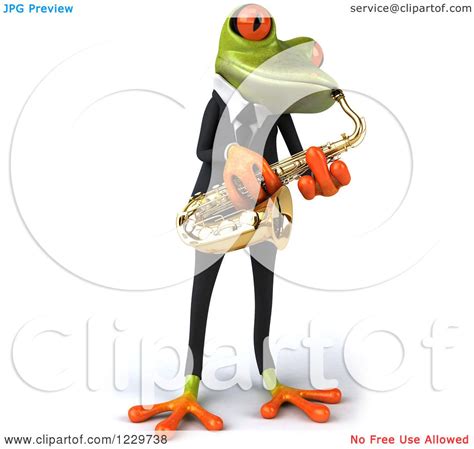 Clipart Of A 3d Green Springer Frog Playing A Saxophone In A Suit 3