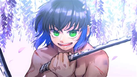 Anime girls 1080p, 2k, 4k, 5k hd wallpapers free download. Demon Slayer Inosuke Hashibira With Green Eyes Having Weapon With Background Of Purple Flowers ...