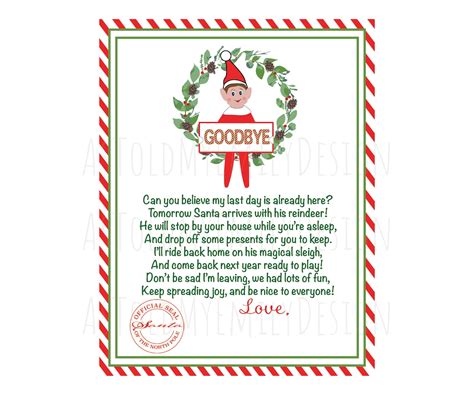 Elf Goodbye Farewell Letter Digital Download Print Printable Pdf Png Etsy
