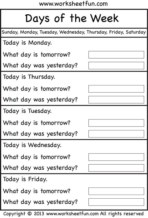 Days Of The Week English Worksheets For Kids Kindergarten Reading