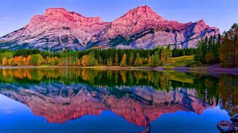 Red Covered Mountain With Reflection On Water Hd Canada Wallpapers Hd