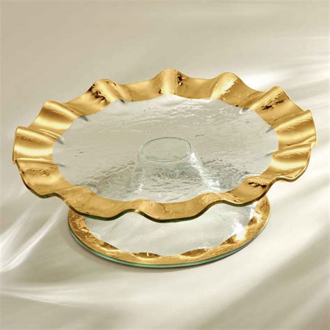 Clear Glass Cake Plates Gold Band Pedestal Stand Ruffle Annieglass