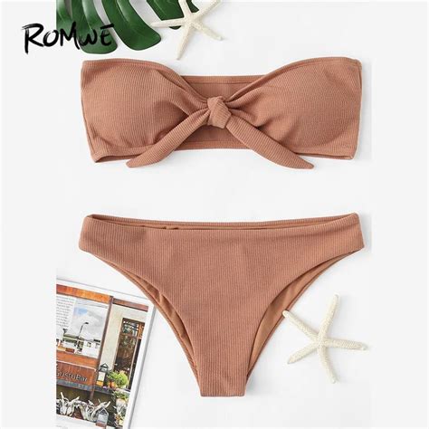 Romwe Sport Knot Front Bikini Set 2018 Summer New Brown Sexy Swimwear