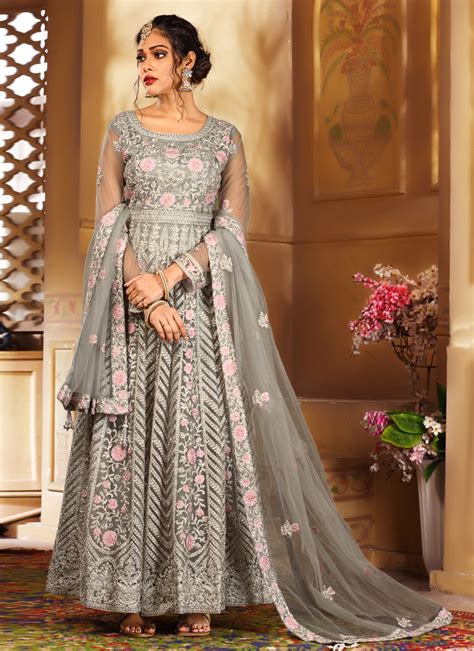 Buy Embroidered Grey Net Salwar Suit Online 163730 Salwar Kameez