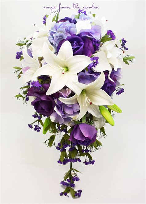 Cascade Bridal Bouquet With Real Touch Purple Roses Real Touch Lilies