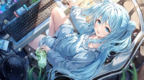 Wallpaper Anime Girls Blue Hair Blue Eyes Drink Nintendo Switch Phone Twintails Water