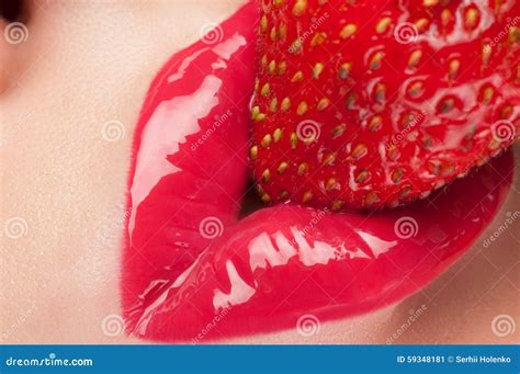 Red Lips With Strawberry Stock Image Image Of Mouth 59348181
