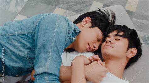 Young Asian Gay Couple Sleep Together At Home Teen Korean Lgbtq Men Happy Relax Rest Lying On