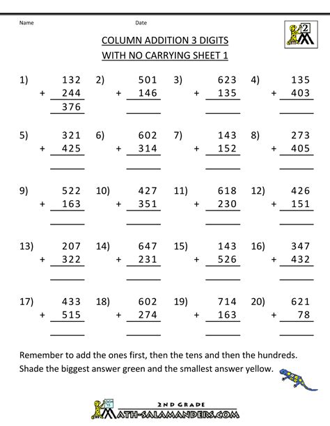 Practice Math Worksheets Column Addition 3 Digits No Carrying 1