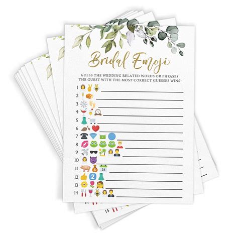 Buy Printed Party Bridal Shower Game Emoji Pictionary Greenery 50
