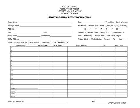 Sports Roster Registration Form Sports Roster Templatepdf Easy To