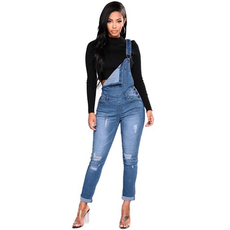 Women Denim Overalls Ripped Stretch Dungarees High Waist Long Jeans