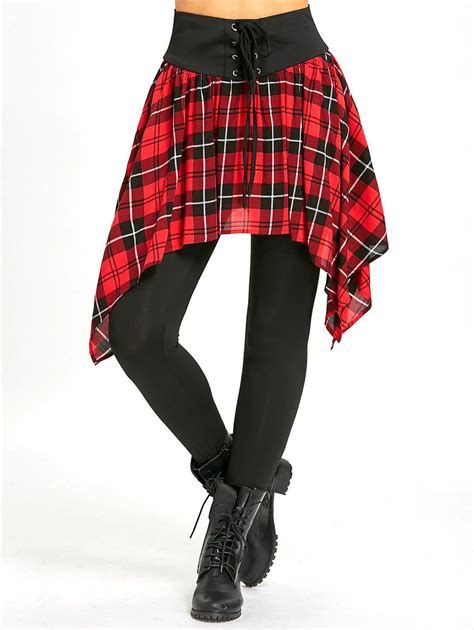 47 Off Lace Up Asymmetric Plaid Skirted Leggings Rosegal