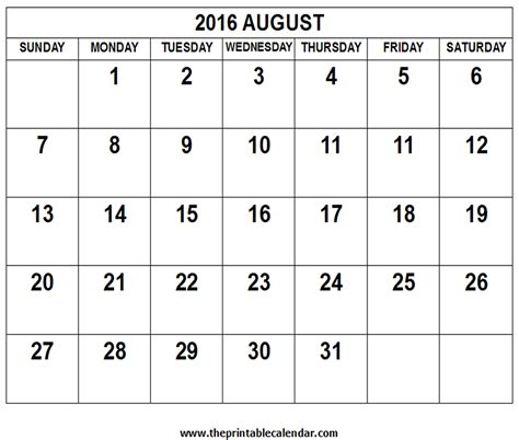 August 2016 Calendar Calendar Template 2016