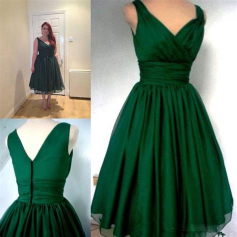 elegant emerald green prom dress vintage tea length plus size prom dresses chiffon v neck