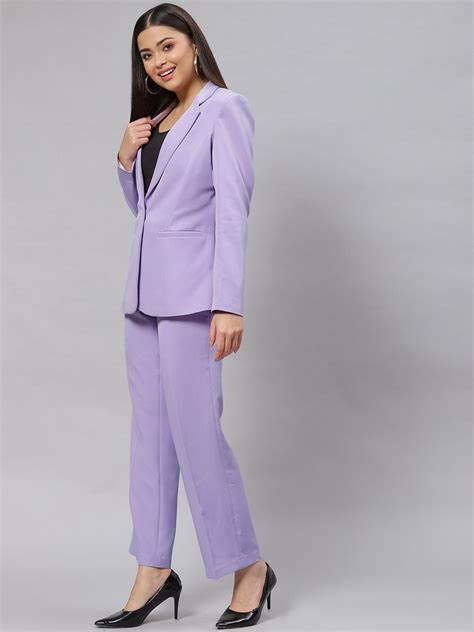 Lavender Stretch Pantsuit For Women Two Piece Deep V Blazer Trouser