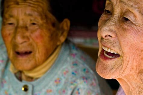 Double Portrait Two Elderly Laughing Korean Women Photography