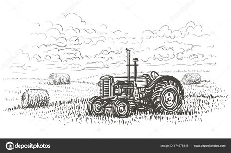 Retro Traktor Poli Ručně Kreslené Ilustrace Vektor Stock Vector Od © Yu