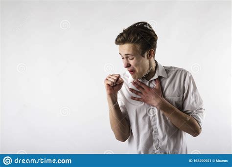 Young Man In White Is Coughing Stock Image Image Of Infection Sniff