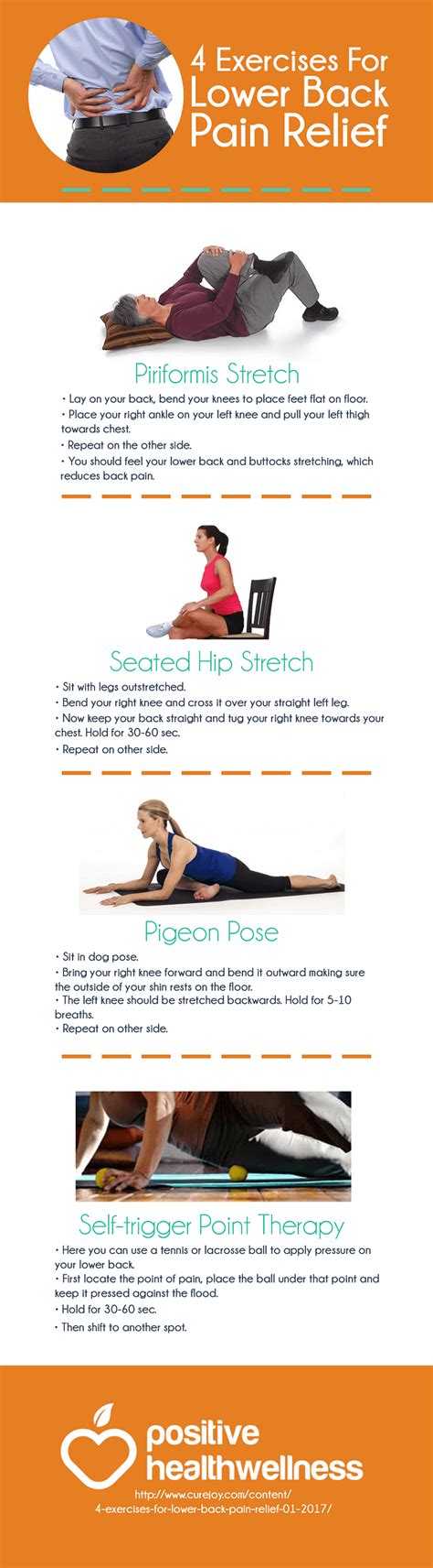 Learns what you can do at home to get relief. 4 Exercises for Lower Back Pain Relief - Infographic