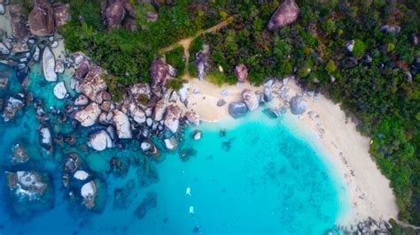 Sea Shore Wallpaper 4k Rocks Blue Ocean Aerial View Sand Green